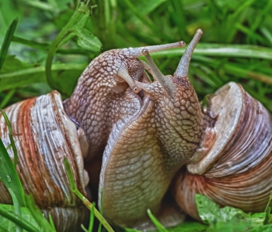 Брачные игры улиток. Всё тело улитки равномерно покрыто морщинками, составляющими своеобразный рисунок. На голове надо ртом есть две пары щупалец. Губные щупальца короткие, а глазные более длинные (на фото с черными точками-глазами). Во время брачных игр улитки ощупывают друг друга щупальцами и соприкасаются подошвами.